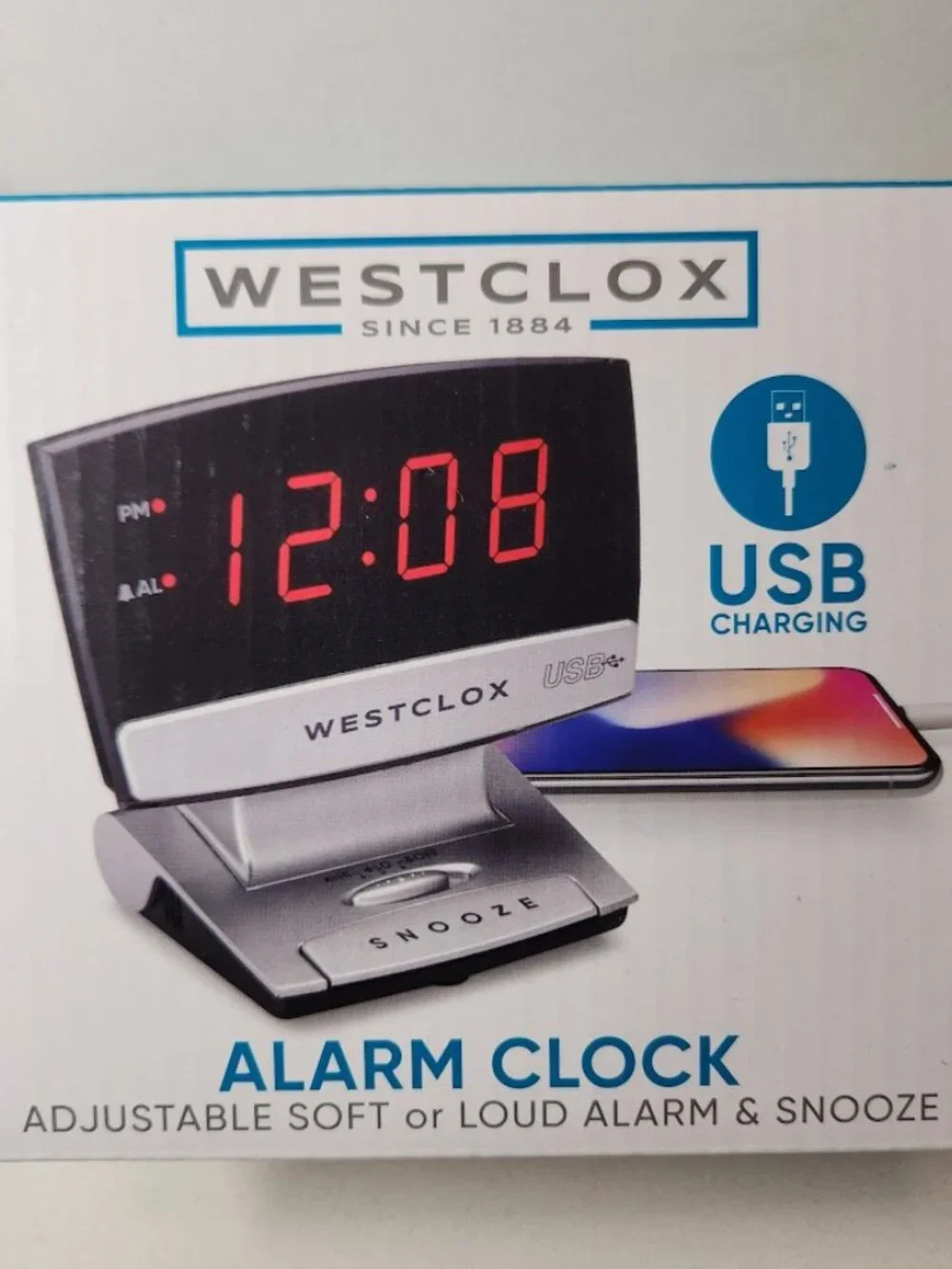 Digital Desk Table Alarm Clock with USB Charging Port Black Silver LED Large 0.9